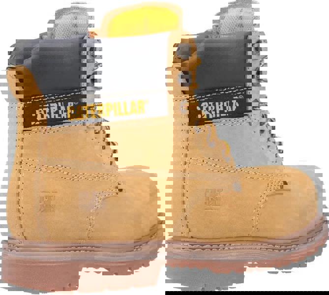 Caterpillar PowerPlant Mens SB Safety Classic Steel Toe Work Boots, yellow leather work boot with black padded collar and steel toe.