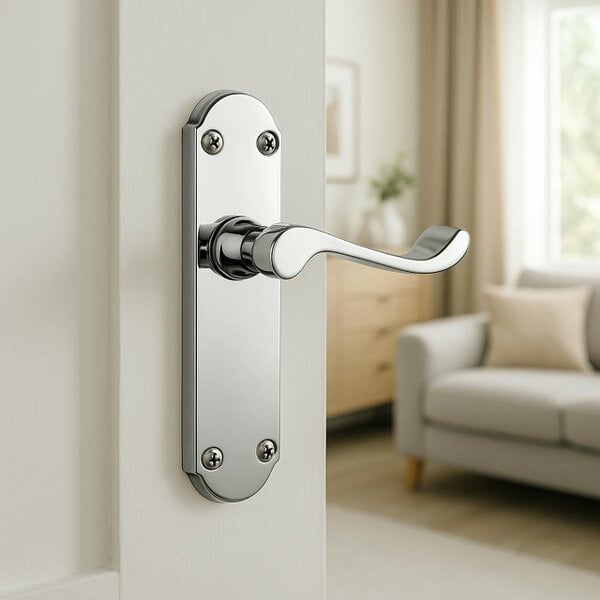 EDH Door Hardware Polished Chrome Victorian Scroll Door Handles on Shaped Backplate – 170mm x 40mm + Tubular Latch