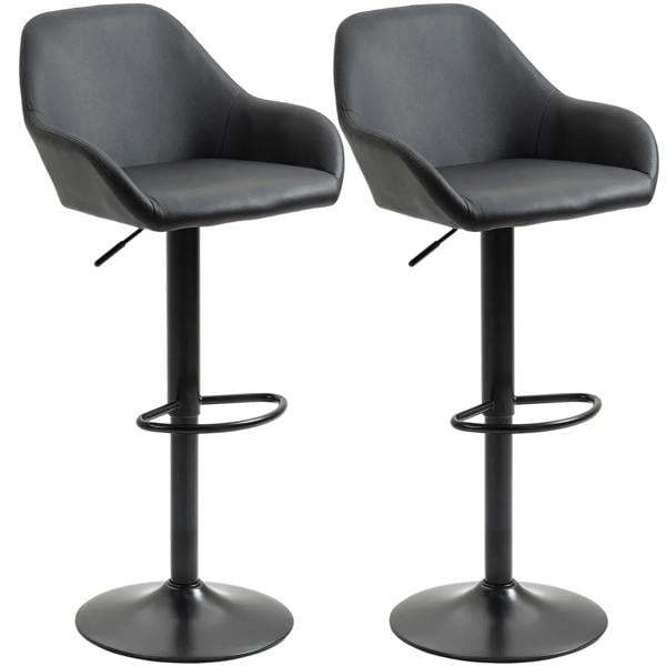 Set of 2 black PU leather bar stools with curved backs, swivel bases and footrests