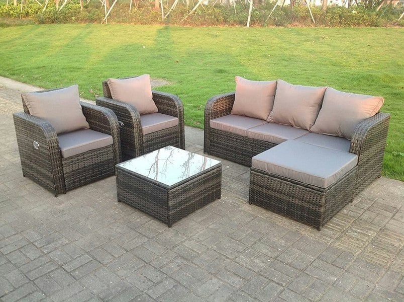 Fimous Dark Grey Mix PE Wicker Rattan Garden Furniture Set Sofa Set Reclining Adjustable Chair 6 Seater