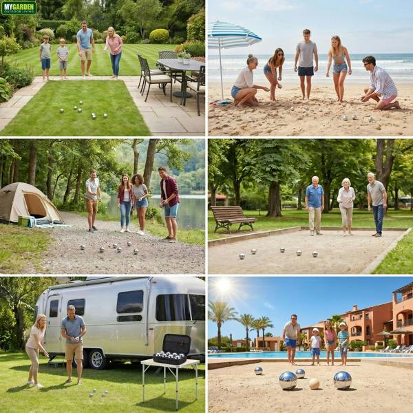 My Garden Outdoor Living French Boules Set - 8x Steel Bocce Ball with Wooden Jack. Measuring String & Zippered Carry Case For Garden Games