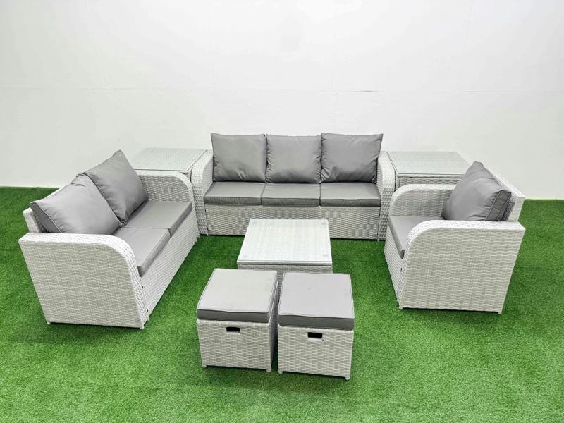 Fimous 8 Seater Wicker Patio Set, PE Rattan, Square Coffee Table, Reclining Chair, Loveseat, 3 Seater Sofa, Stool and 2 Side Tables, Light Grey