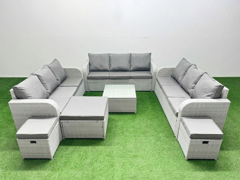 Fimous PE Rattan Lounge Sofa Set 12 Seater Outdoor Garden Furniture Set with Square Coffee Table 3 Seater Sofa 3 Stools Light Grey
