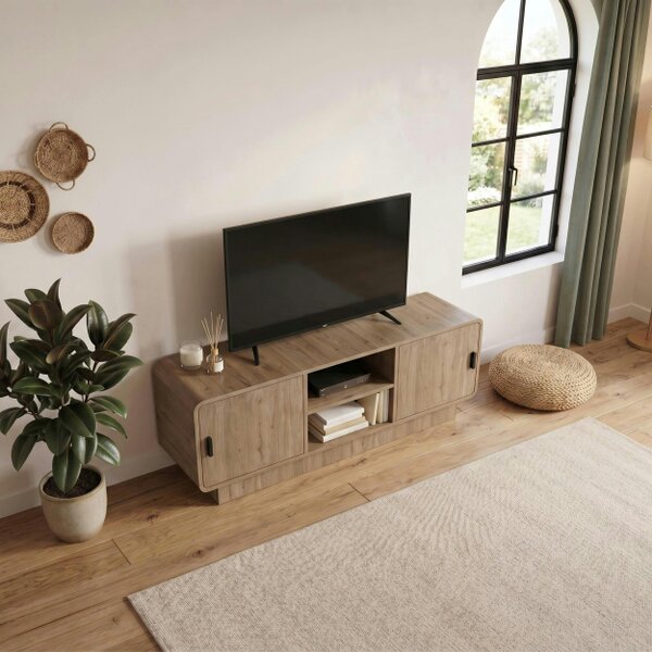 Decortie Rovel Round Edge TV Unit with Soft Close Doors and Open Shelves, Natural Oak