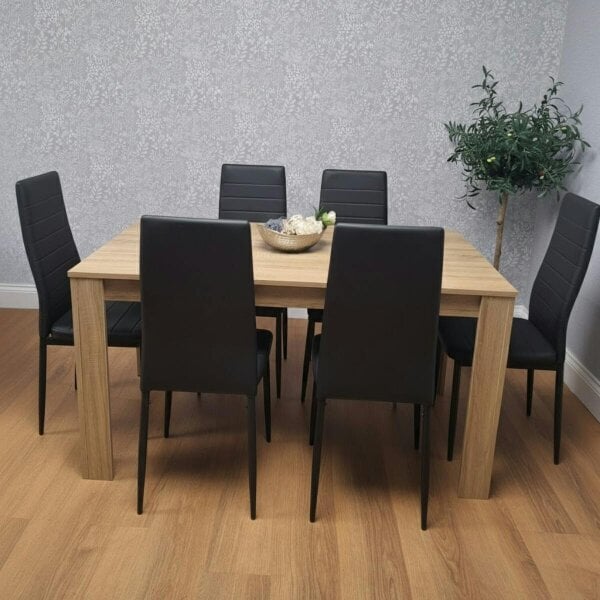 Kosy Koala Oak Effect Dining Table Set With 6 Black Faux Leather Chairs Dining Room Furniture