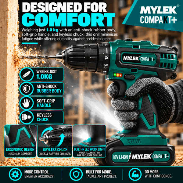 Mylek 18V Cordless Li-Ion Drill With Accessory Kit and Carry Case
