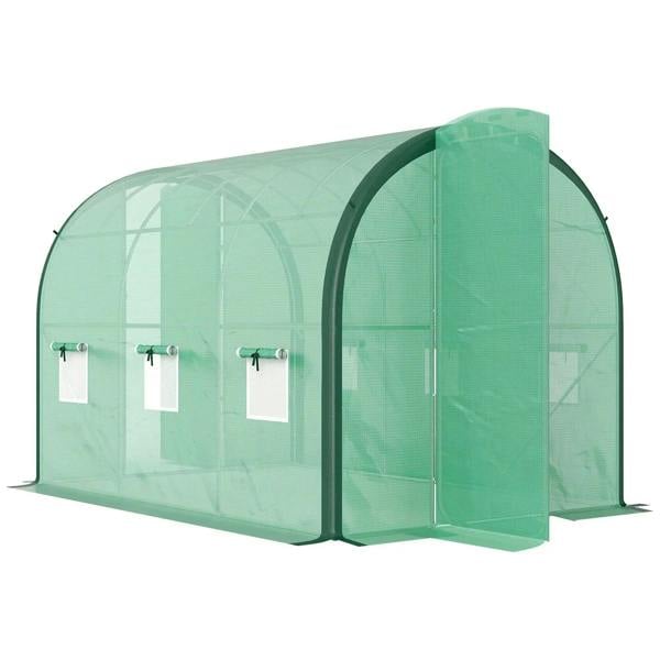 Green polytunnel greenhouse with arched frame, mesh windows, and zipped end door