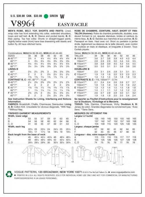 Vogue Sewing Pattern 8964, Robes, Trousers, Pyjamas, Shorts, Tops for Men, 34-36-38-40 - Easy