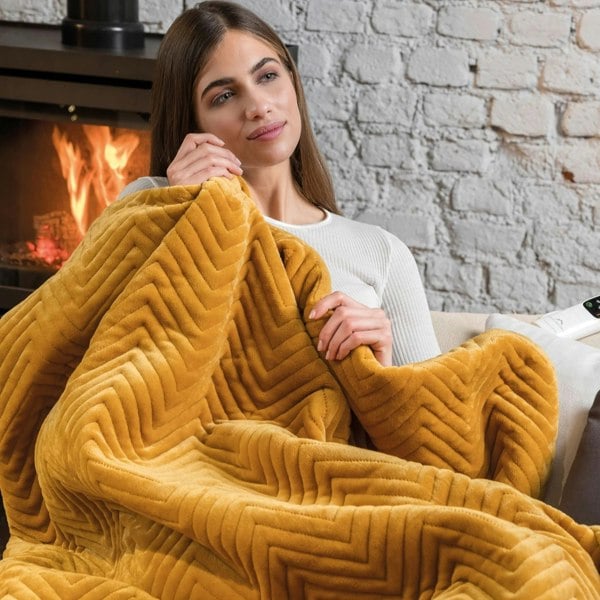 Dreamland Hurry Home Velvet Heated Throw Electric Blanket - Mustard Herringbone - 160cm x 120cm