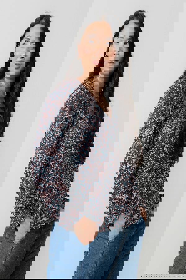 Lily & Me Aspen Floral Print V-Neck Jersey Top Chocolate