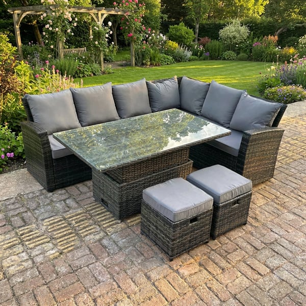 Fimous 8 Seater High Back Rattan Garden Furniture Set with Adjustable Table, Right Corner Sofa & 2 Footstools - Dark Grey