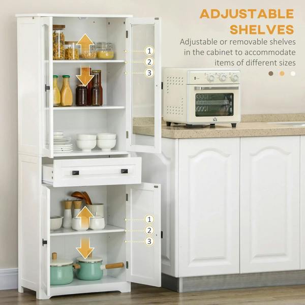 White cabinet with open interior shelves and pull-out drawer; adjustable shelf placement