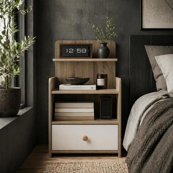 Wyld Haus Tahadi White And Wood Effect Multi Storage Bedside Table