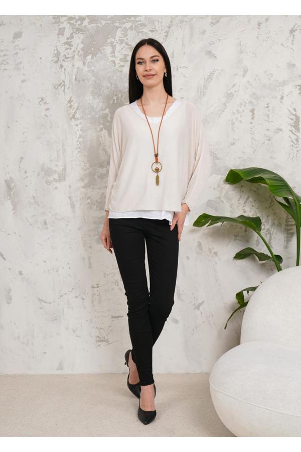 Hoxton Gal Oversized Long Sleeves Double Layered Top in Beige