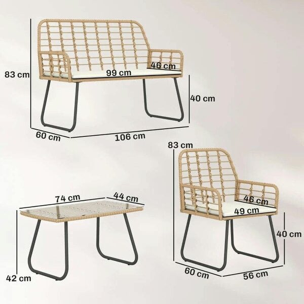 4 Piece Rattan Garden Furniture Set, Outdoor Patio Furniture with Loveseat, Armchairs and Coffee Table
