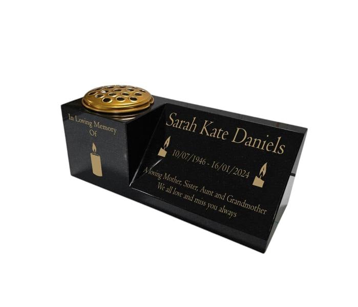 Memorials Direct Granite Memorial Vase and Plaque Combination – Candle Design, Solid Granite (16x6x6”) with Flower Pot Insert