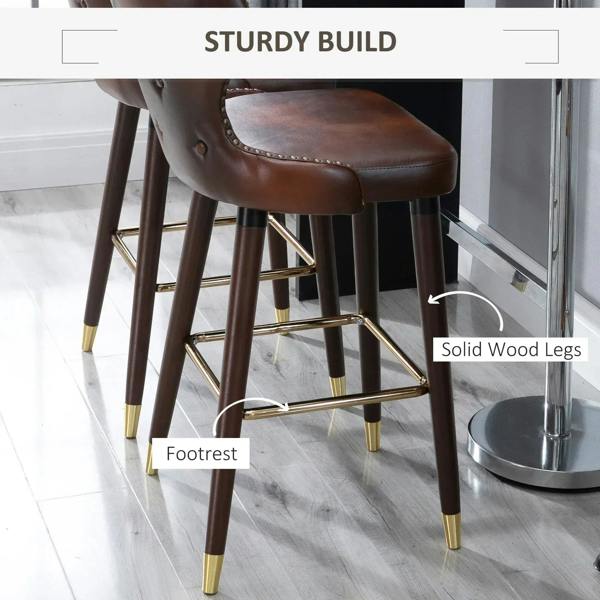 Brown PU leather bar stool with footrest and solid wood legs with gold accents