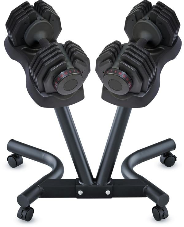 Strongology Durable Steel Universal Adjustable Dumbbell Floor Stand, Space Saver Adjustable Weights Rack with 2 40kg Adjustable Dumbbells