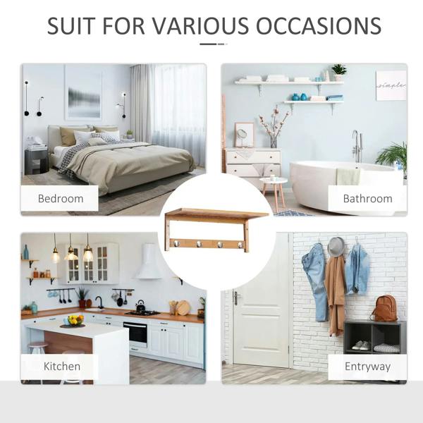 Wood coat rack with top shelf and multiple hooks shown on lifestyle layout.