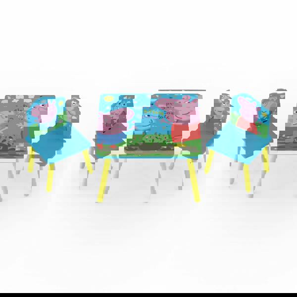 A blue/yellow toddler table and 2 chair furniture set, featuring characters from the Peppa Pig show.