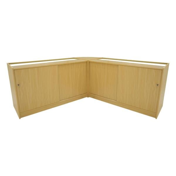 Maple Helios LED shop counter set featuring a sleek, modern design with two cabinets and a spacious countertop for display