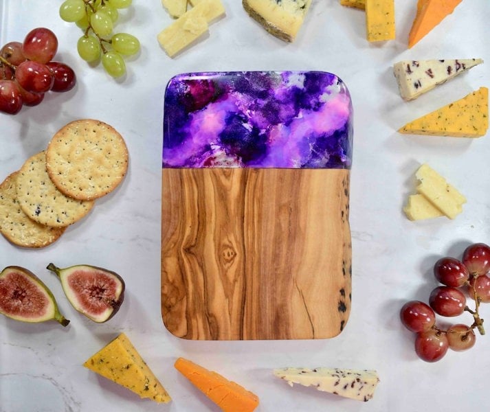 Kate Chesters Art Olive Wood Cutting Board with Purple Resin Art