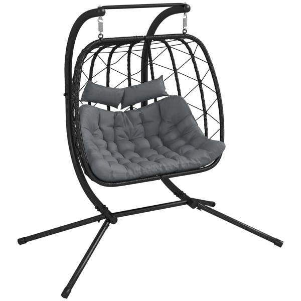 Black hanging egg chair with gray tufted cushion and two attached headrest pillows