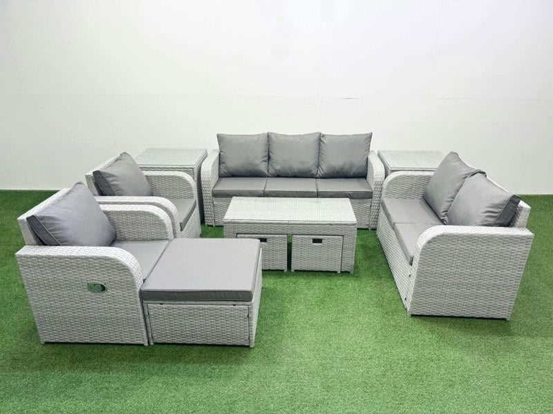 Fimous Light Grey PE Rattan Outdoor Lounge Set - Adjustable Chair, Double Loveseat, Rectangular Coffee Table, 3 Stools & 2 Side Tables