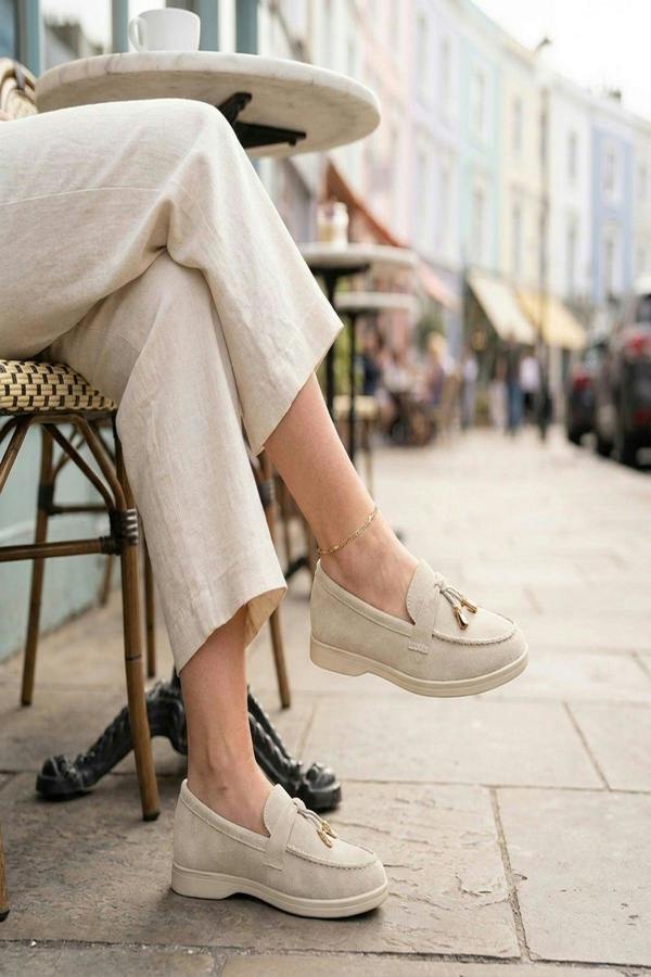 Camille Womens Suede Padlock Charm Loafers - Beige