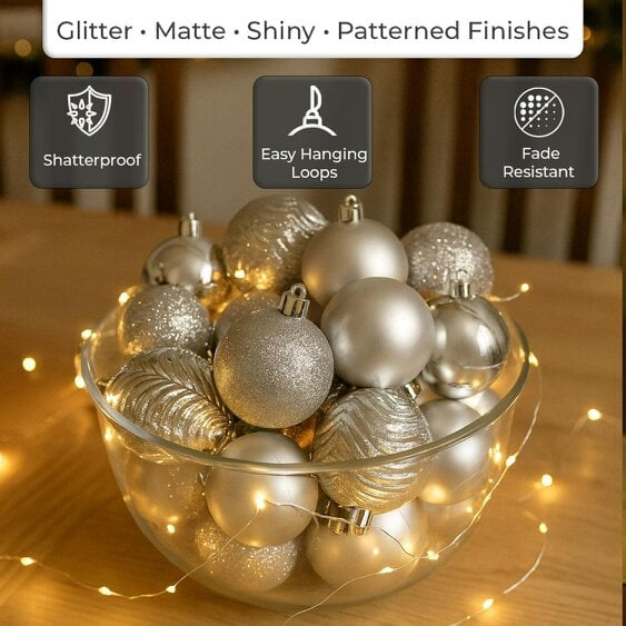 Neo Silver 36 Christmas Tree Ornaments Set Baubles Glitter Balls Holiday Festive Decorations Assorted Sizes Colours Home Party Décor