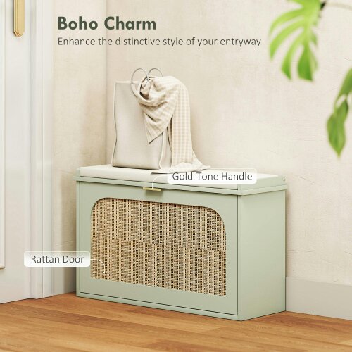 Wyld Haus Rikena Coyo Wooden Light Green Boho Style Shoe Bench With Cushioned Seat And Flip Drawer