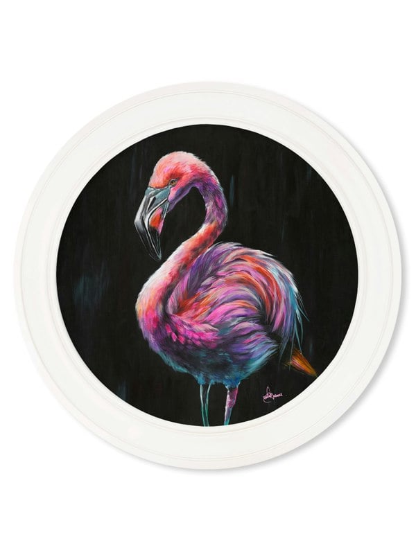 Exceptional Art Flamingo Print 'Florrie' by Amy Ansell - Strong White Round Frame