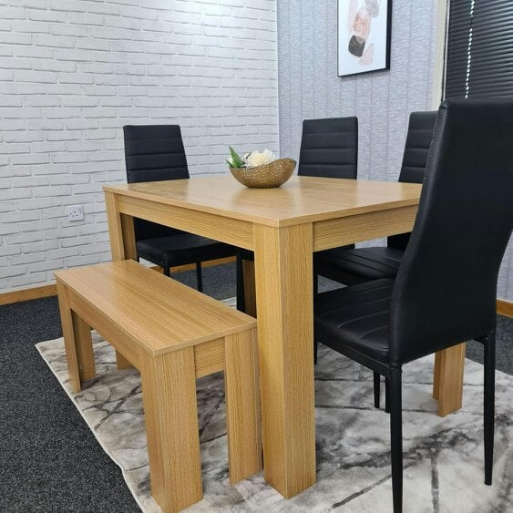 KOSY KOALA 6 Seater Modern Light Wood Effect Dining Table Set with 4 Chairs and Bench Black Metal Legs H75 x L140 x W80 cm