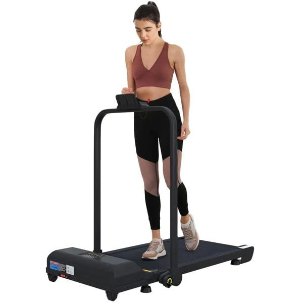 Black folding under-desk walking pad treadmill with side handles and display
