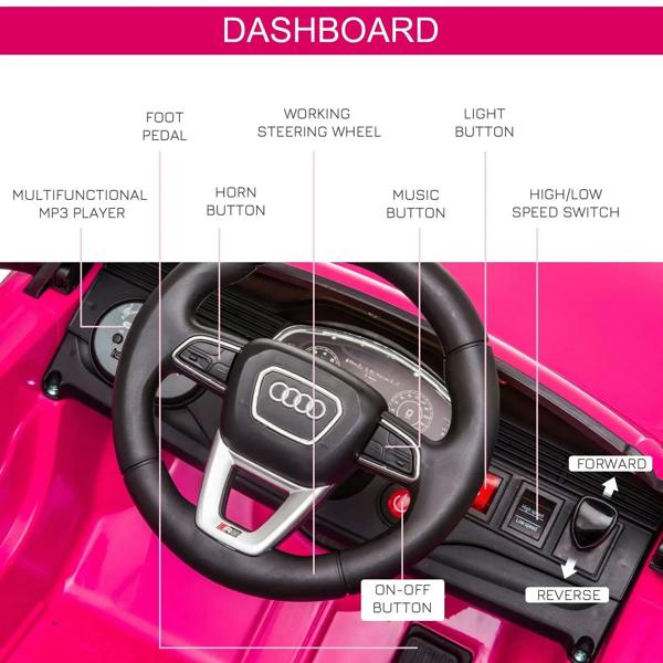 Pink kids electric ride-on car dashboard with steering wheel, buttons, and MP3