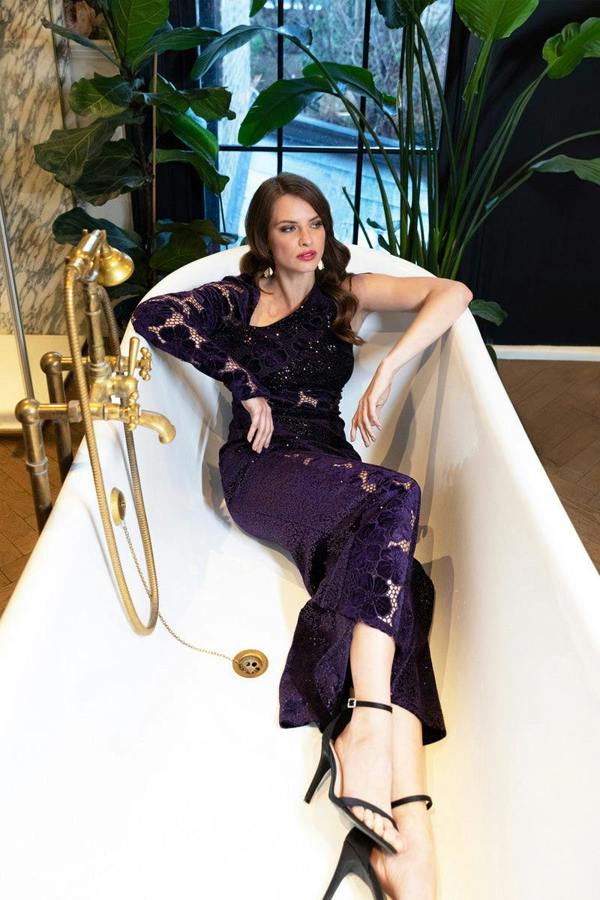 HotSquash One-Sleeve Velvet Sequin Gown