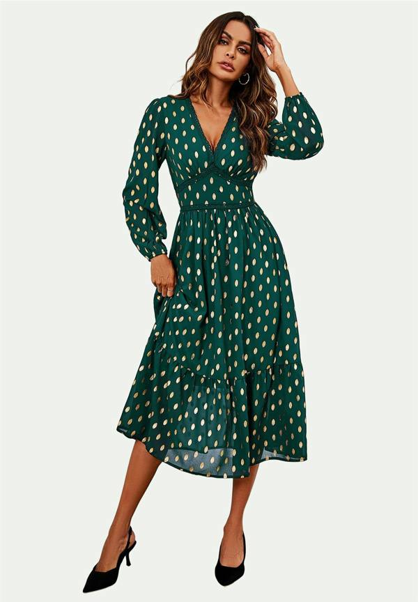 FS Collection Lace Trim Foil Long Sleeve Maxi Dress In Green
