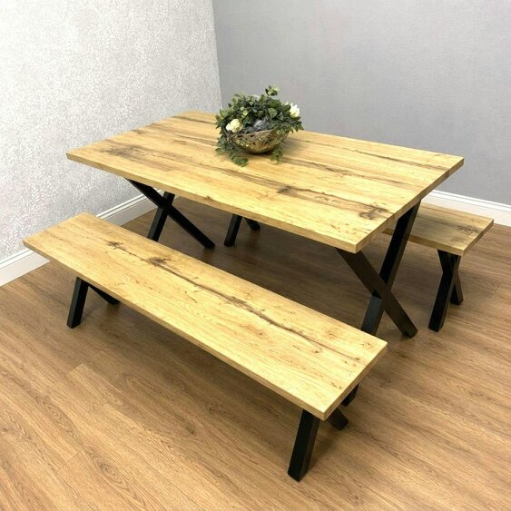 Kosy Koala Modern Dining Table and 2 Benches Set  Wooden Effect Dining Table Set - Dining Room Furniture