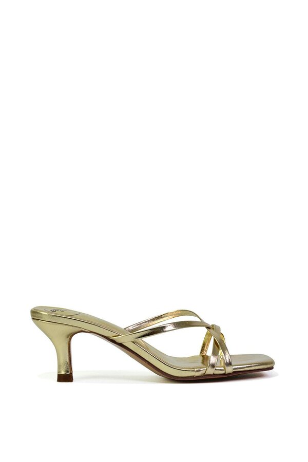 XY LONDON Strappy Square Toe Kitten Heel Slip on Mule Sandals - Gold