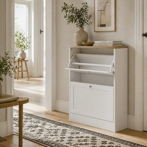 Wyld Haus Lori Wooden White Natural Top Shoe Cabinet With 2 Flip Drawers