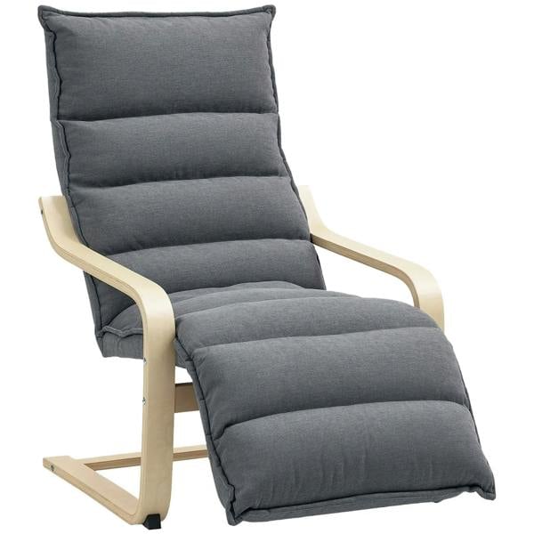 Curved wooden accent chair with adjustable footrest, dark gray upholstered seat