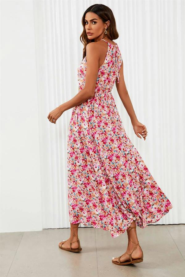 FS Collection Floral Tie Halterneck Maxi Dress In Pink