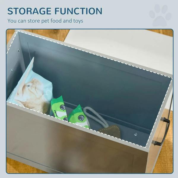 Grey raised dog bowl feeder with open storage compartment for food and toys.