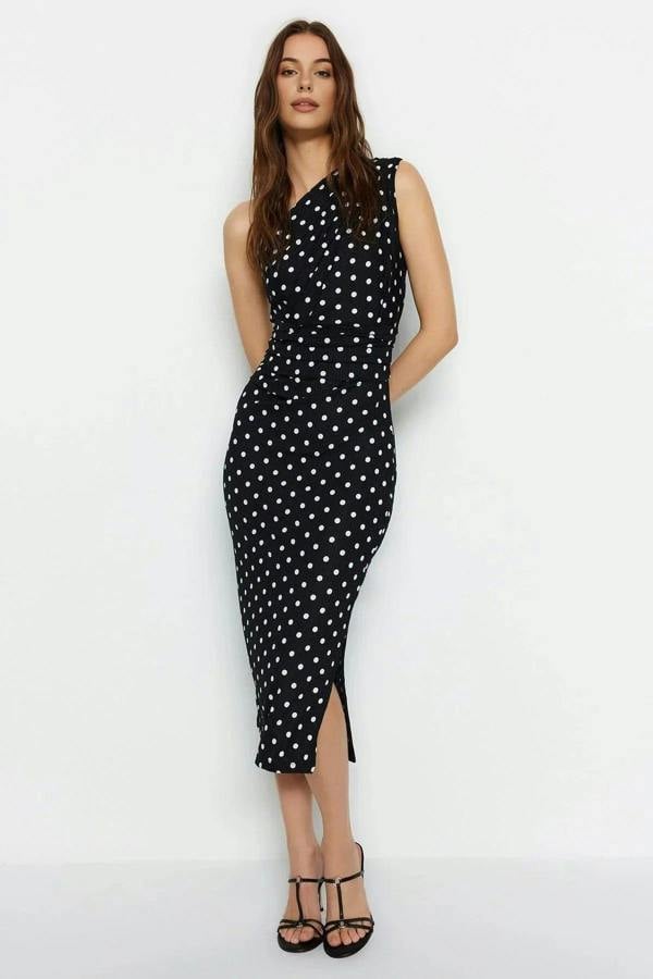WOVCOR Printed Fitted One-Shoulder Asymmetrical V-Neck Pencil Dress