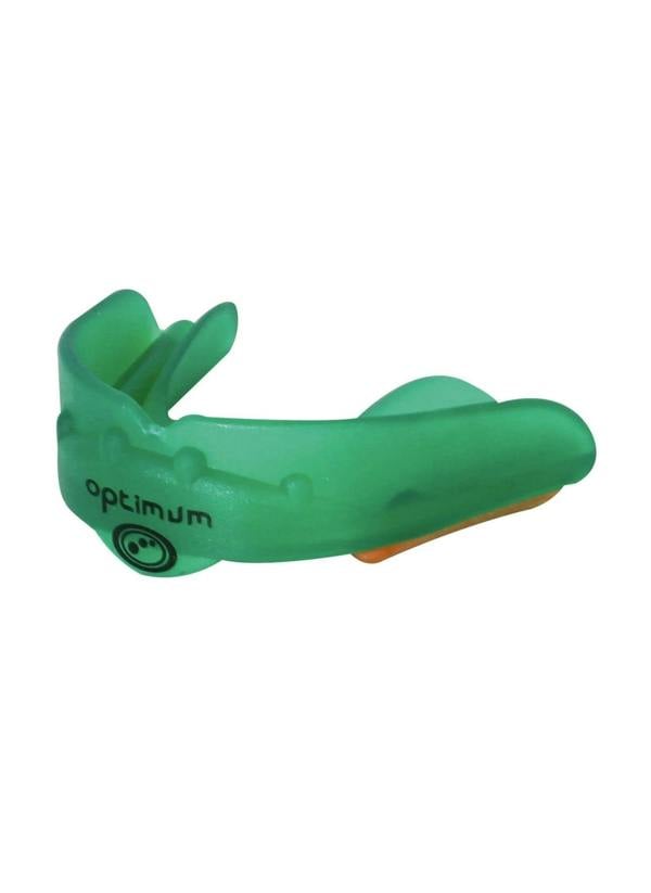 Green Optimum Matrix mouthguard with orange base and black logo, side view on white background - Optimum