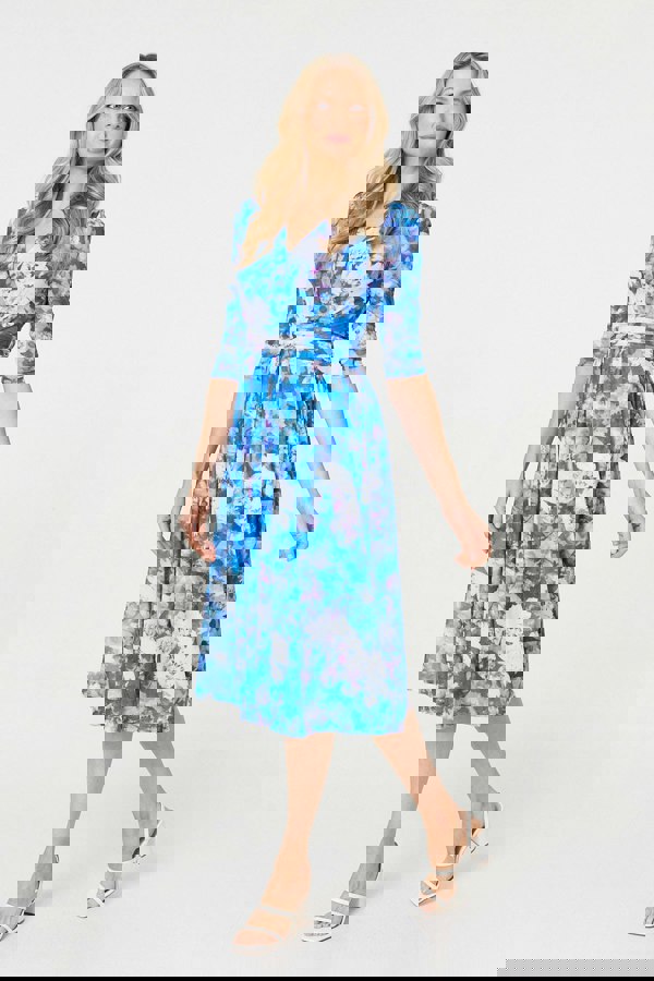 Blue | Floral Mesh Pleated Faux Wrap Midi Dress