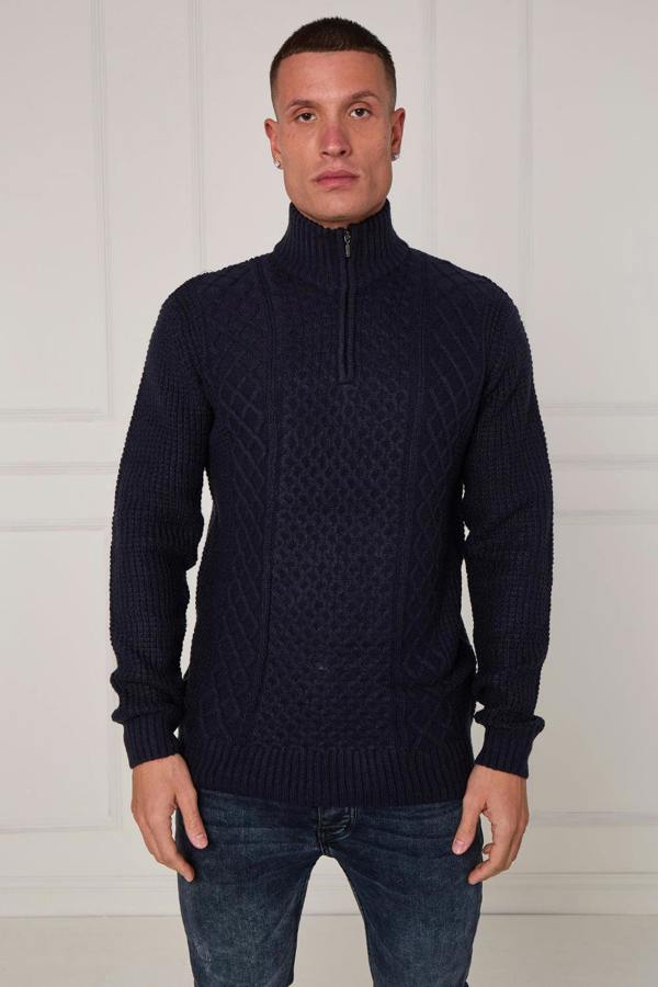 Men’s Half Zip Cable Knit Textured Jumper