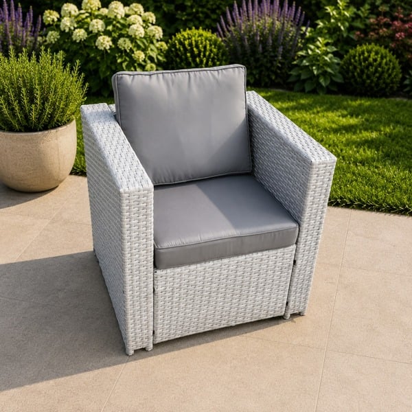Fimous Light Grey Rattan Single Patio Chair With Thick Seat And Back Cushion -  Light Grey