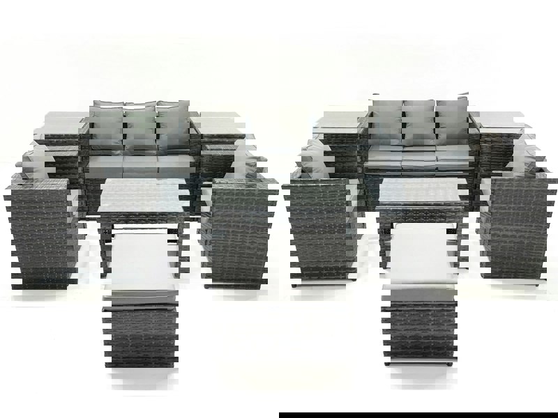 Fimous Rattan Garden Furniture Set Outdoor Lounger Sofa with Coffee Table 2 Armchair Big Footstool 2 Side Tables Dark Grey Mixed