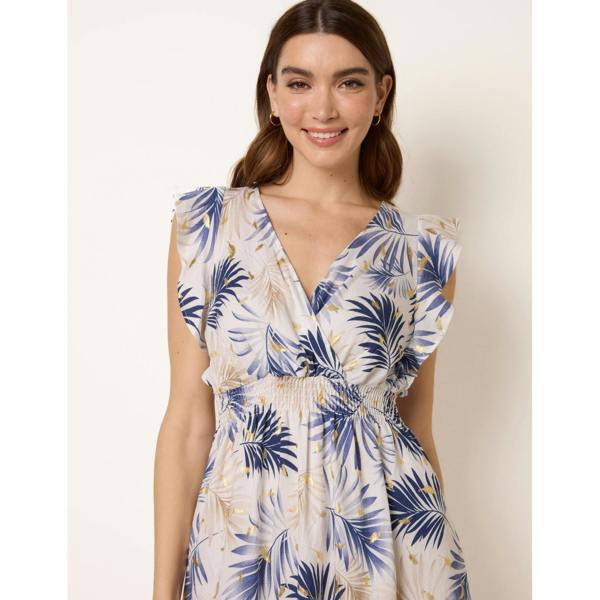 Blue Vanilla Tropical Dress With Leaf Print